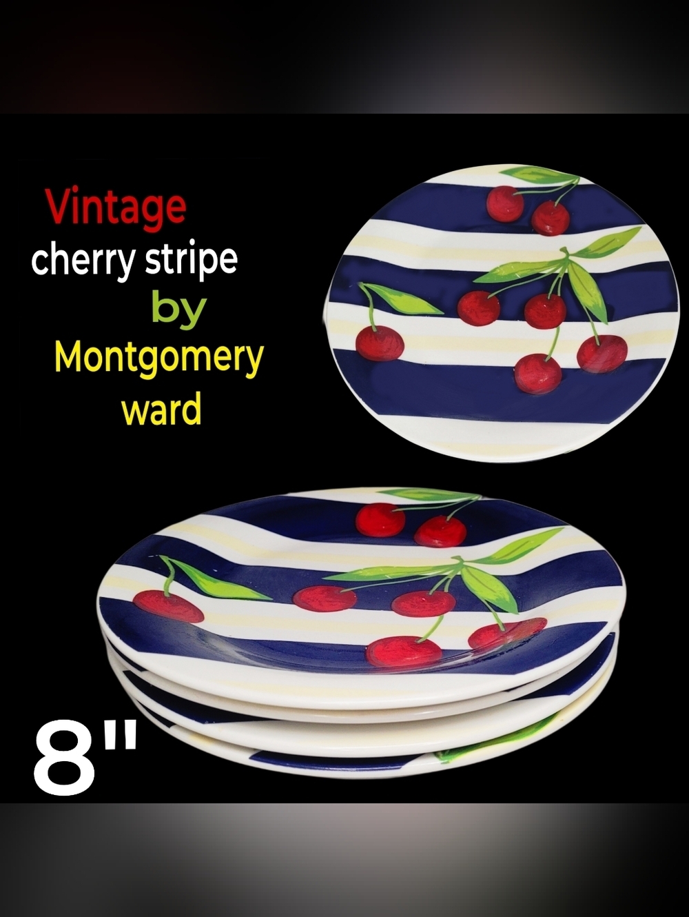 Rare 4 Vintage Cherry Stripe App/ Bread Plate Set By Montgomery Wards